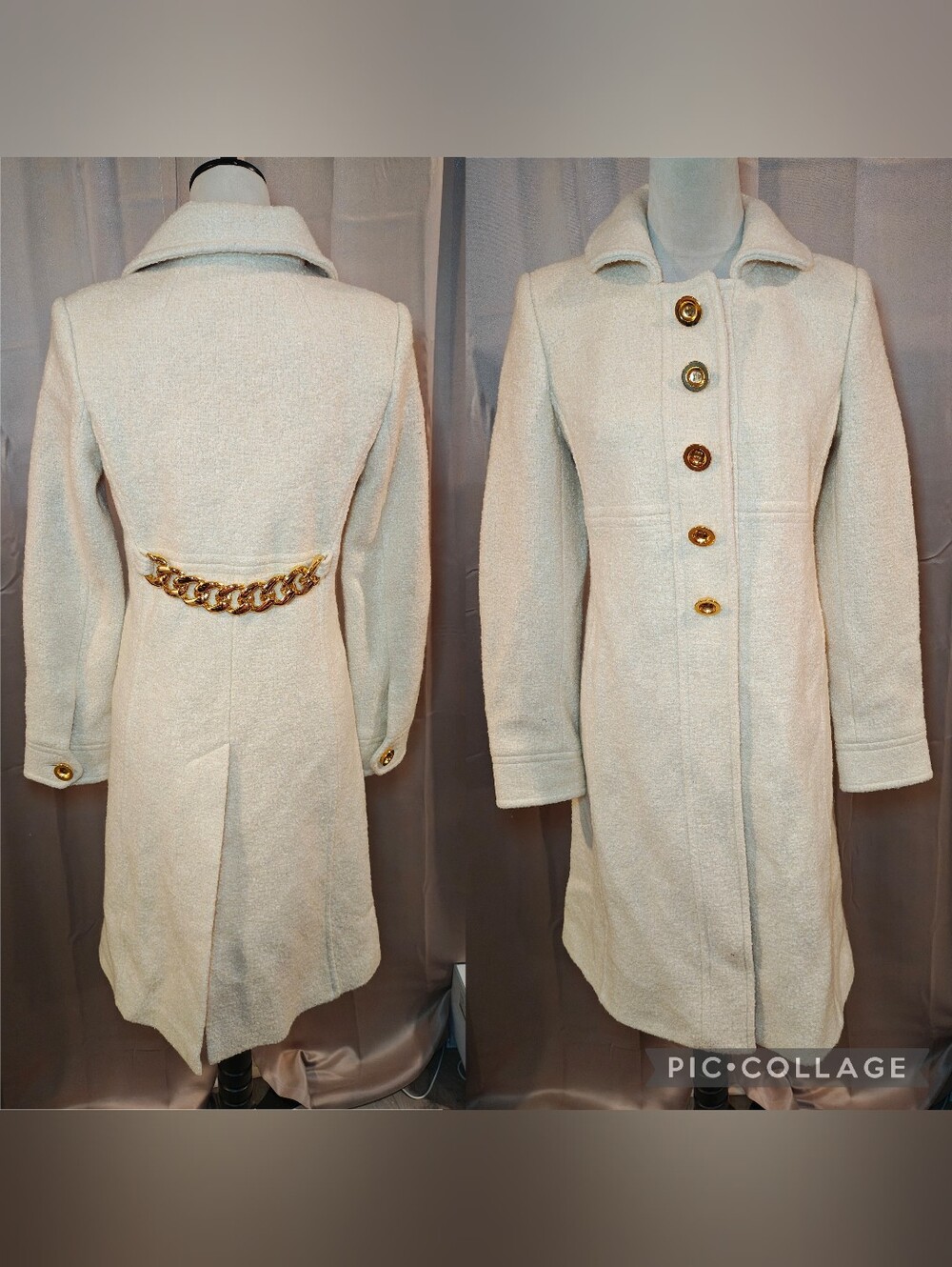 💛🤍Vintage Milly of New York Cream Wool Blend Coat w Gold Chain Back Detail🤍💛